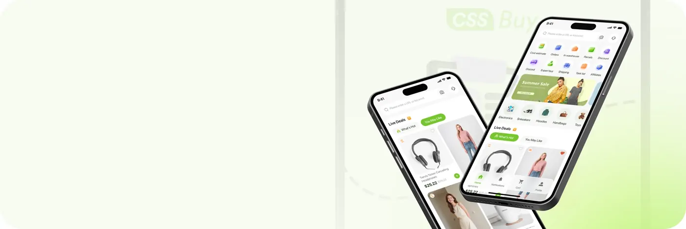 The CSSBuy mobile app shown on two phones, browsing products and an order