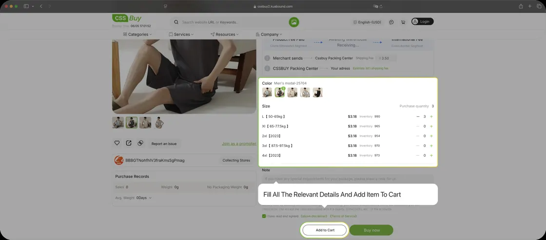 A CSSBuy product page with the item options filled in before adding to cart