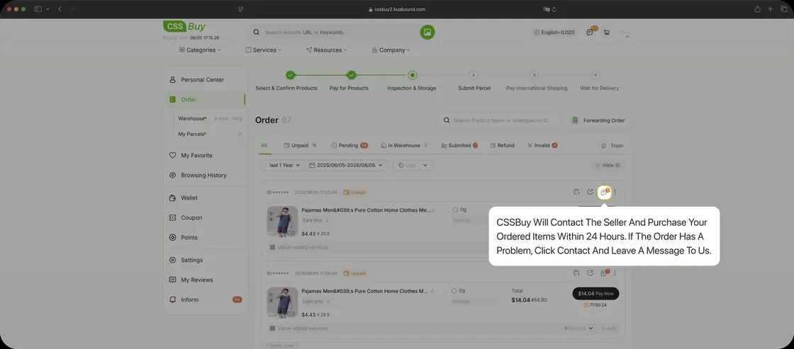 The CSSBuy order view while the item is being purchased from the seller