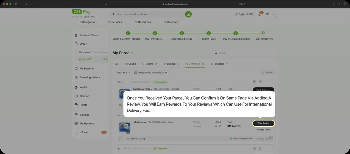 Confirming delivery and adding a review. Values shown are CSSBuy's example data.