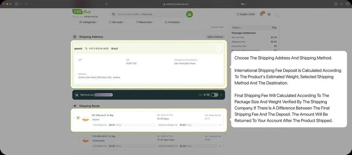 The CSSBuy address entry and shipping method selection screen