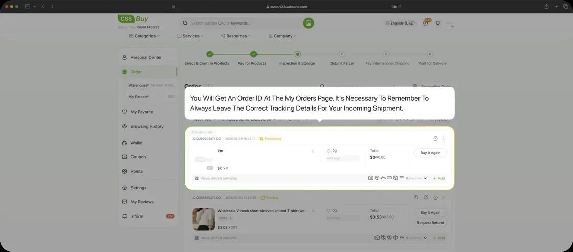 The order ID and tracking details for an incoming shipment. Values are CSSBuy's examples.