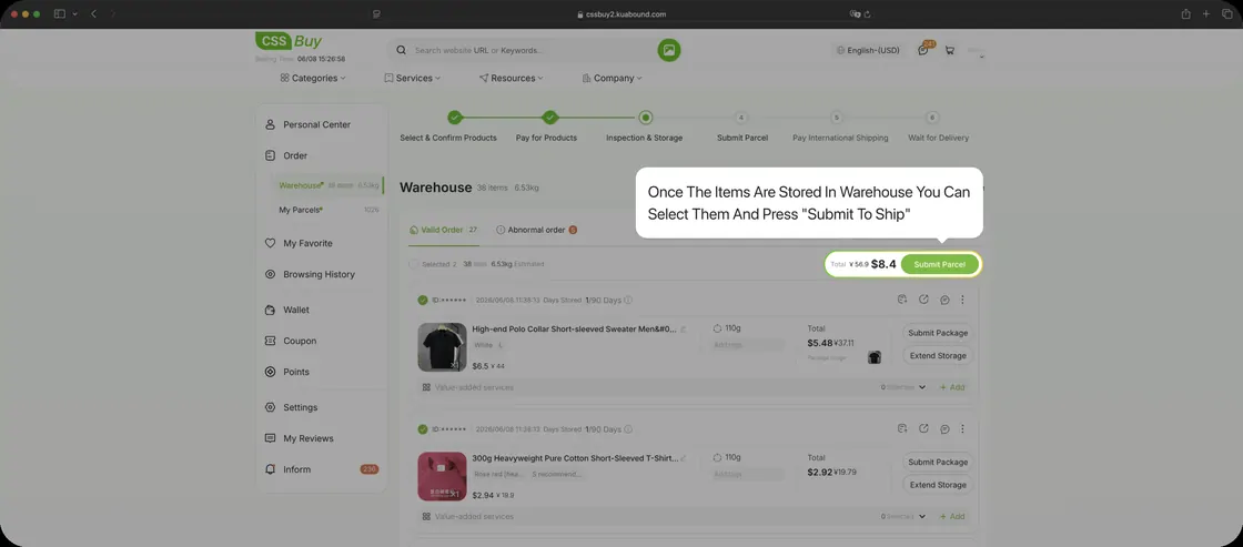 Selecting stored items to ship. Amounts shown are CSSBuy's example values.