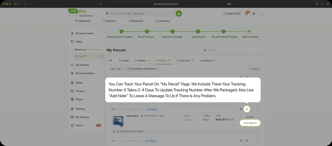 Parcel tracking list showing shipments in progress